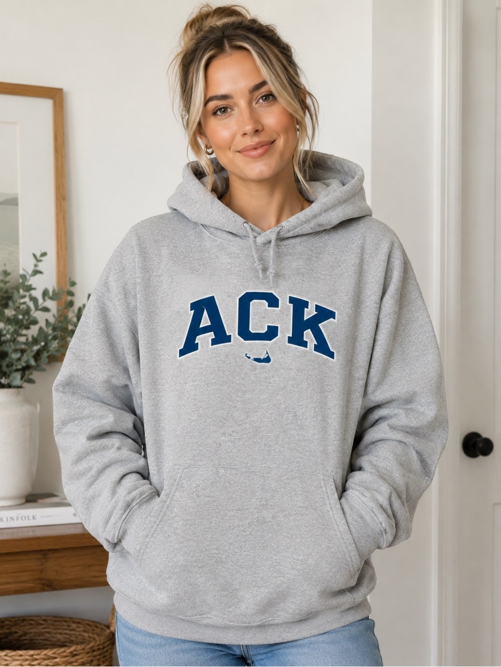 Brand New Gray 'ACK' Pullover Hoodie with Navy Lettering